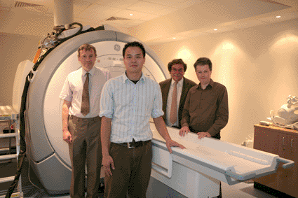 Image: From left, Professor Ian Hall, Dr. Kevin Teh, Professor Peter Morris, and Dr. Mike Barlow with the purpose-built MRI research unit for diagnosis of lung disease (Photo courtesy of the University of Nottingham).